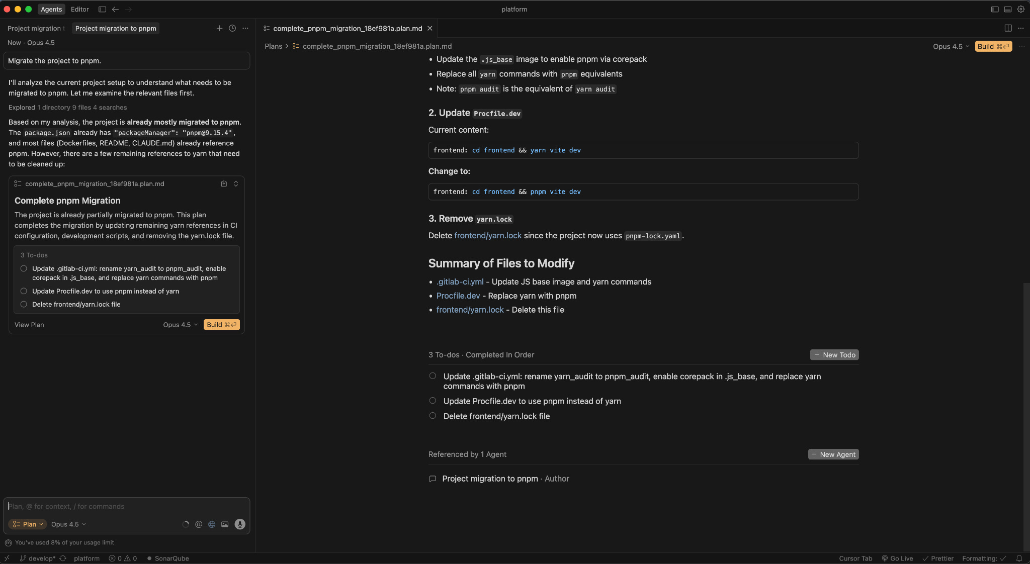 A plan generated by Opus 4.5 inside Cursor to migrate a project to pnpm